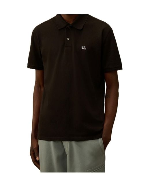 C P Company Black Piquet Short Sleeved Point Collar Polo Shirt for men