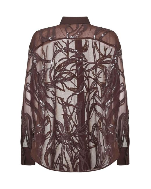 Brunello Cucinelli Brown Burgundy Crispy Silk Dazzling Floral Embroidery Shirt