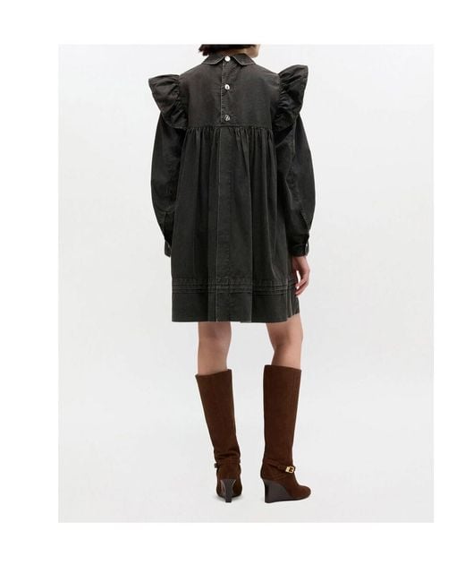 Ganni Black Ruffled Washed Mini Shirt Dress