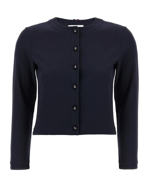 Thom Browne Blue Ancora-Detailed Crewneck Knitted Cardigan