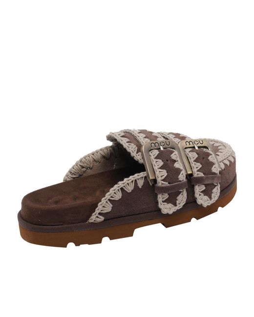 Mou Brown Stitch Detail Buckle Mules