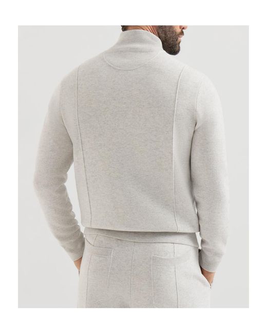 Brunello Cucinelli White Cashmere Double Knit Cardigan With Zipper And Logo for men