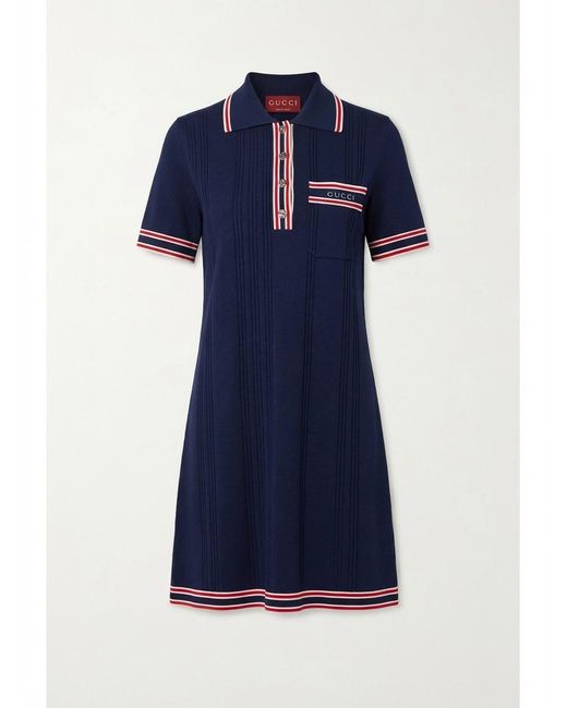 Gucci Blue Logo Chest Pocket Sweater Dress Front Ribbed