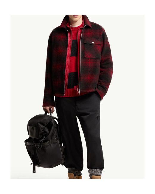 Moncler Red Check Jersey Zip-Up Shirt for men