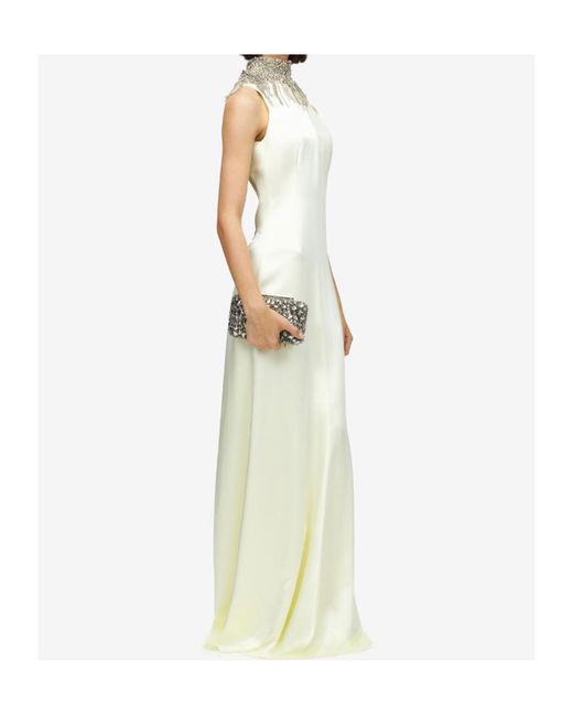 McQueen White Satin Crystal-Embellished Maxi Dress