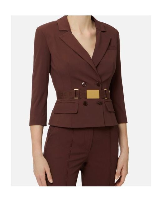 Elisabetta Franchi Brown Belted Double-Breasted Blazer