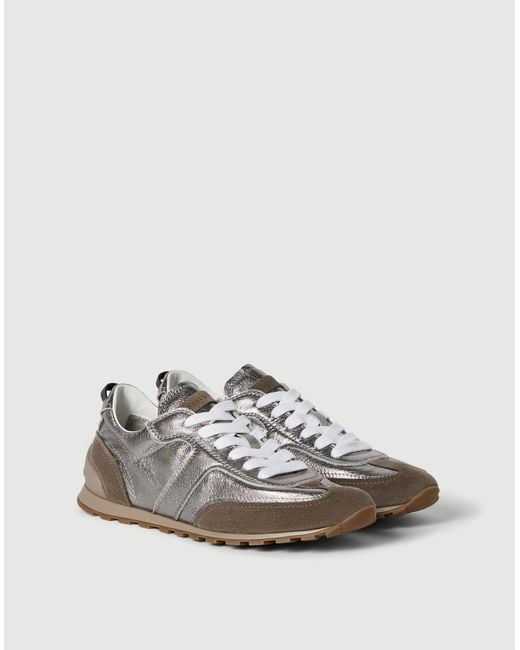 Brunello Cucinelli White Lamé Calfskin And Suede Runners With Shiny Loop