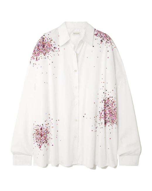 Dries Van Noten White Oversized Embellished Cotton Oxford Shirt