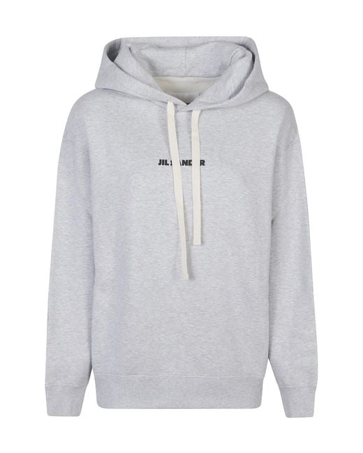 Jil Sander Gray Logo Printed Drawstring Hoodie