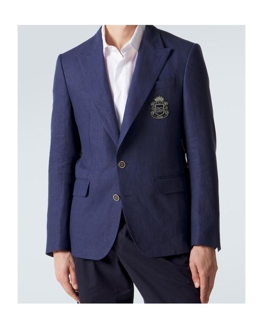 Dolce & Gabbana Blue Logo Single-Breasted Linen Blazer for men