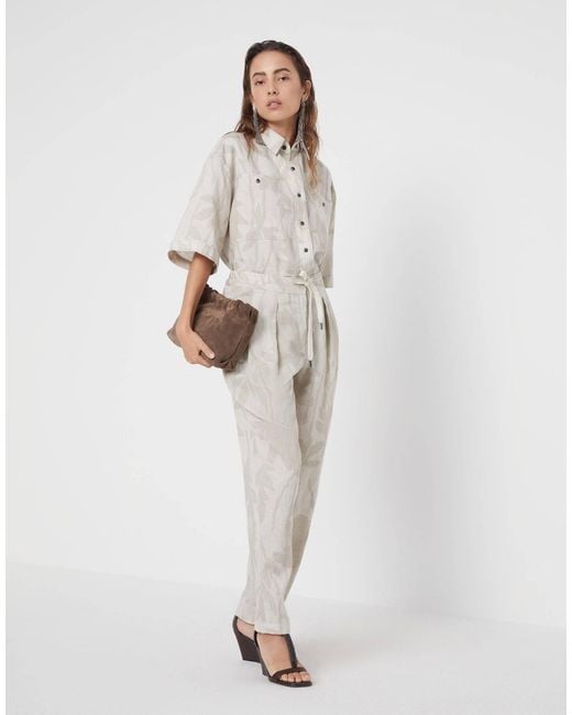 Brunello Cucinelli White Floral-Jacquard Drawstring Tapered Trousers