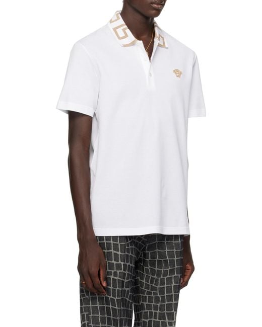 Versace White Greca Short-Sleeved Straight Hem Polo Shirt for men