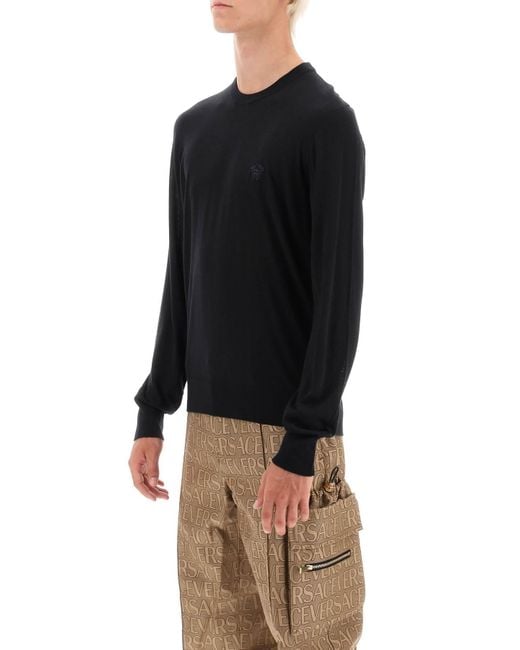 Versace Black Logo Embroidered Crewneck Knitted Jumper for men