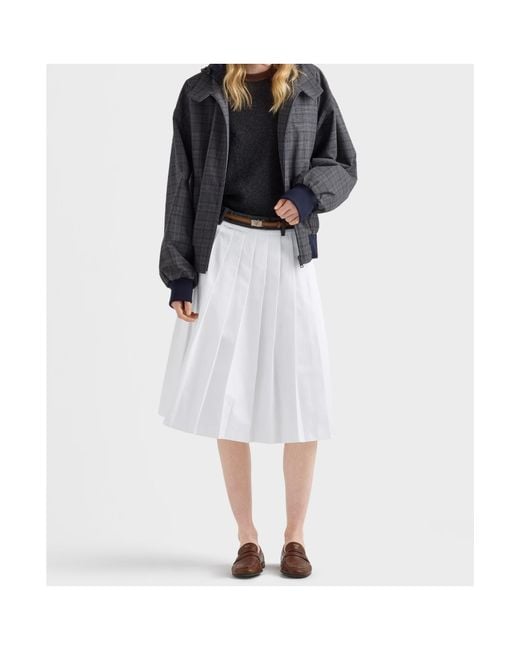 Prada White Pleated Poplin And Rush Stitch Skirt