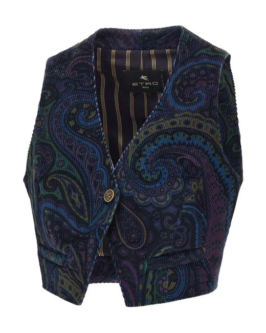 Etro Blue Paisley-Print Corduroy Vest