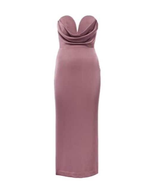 Alex Perry Purple Gathered Strapless Satin Midi Dress