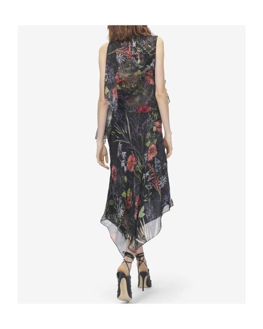 McQueen Multicolor Meadow Floral Print Asymmetric Evening Dress