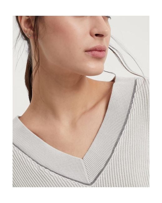 Brunello Cucinelli Gray Monili-Trim Ribbed Jumper