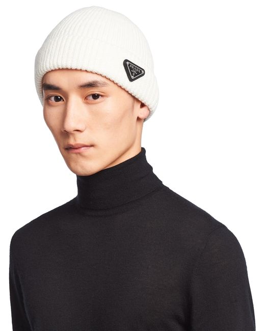 Prada White Wool And Cashmere Beanie for men