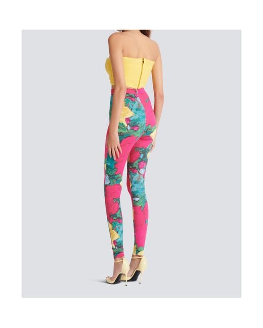 Balmain Pink Jersey Leggings With Roses Print