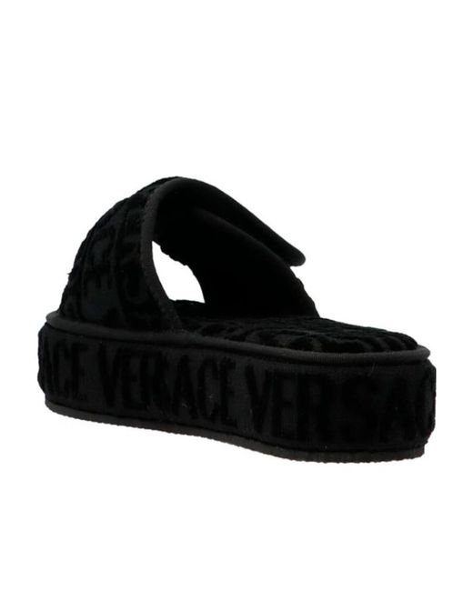 Versace Black Embossed Logo Platform Slides