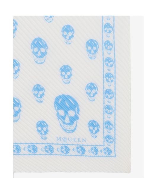 McQueen Blue Pleated Skull-Print Scarf