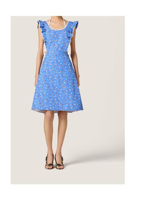 Miu Miu Blue Cotton Floral Pinafore Midi Dress