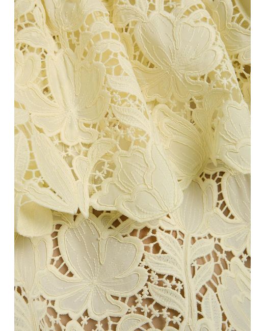 Self-Portrait Yellow Belted Floral Guipure-Lace Midi Dress
