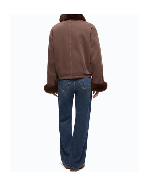 Pinko Brown Cotton Pea Coat With Faux Fur Details