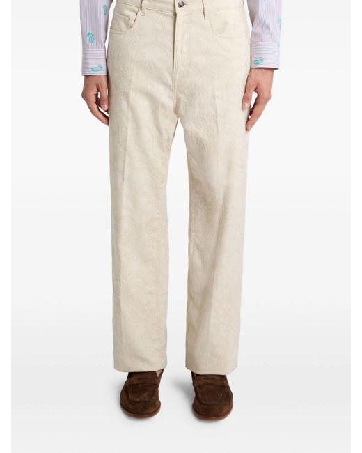 Etro Natural Straight-Leg Denim Jeans With Pressed Creases And Leafy Motif for men