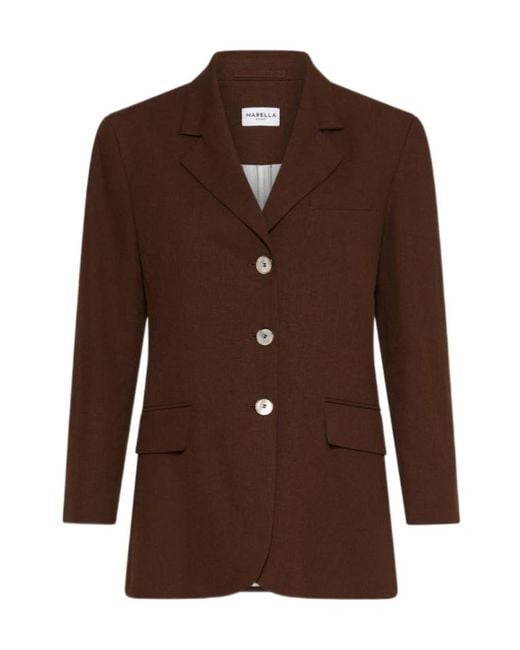 Marella Brown Single-Breasted Linen-Blend Blazer