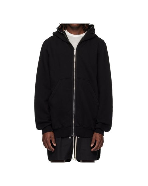 Rick Owens Black Zip Hooded Cotton Sweatshirt for men