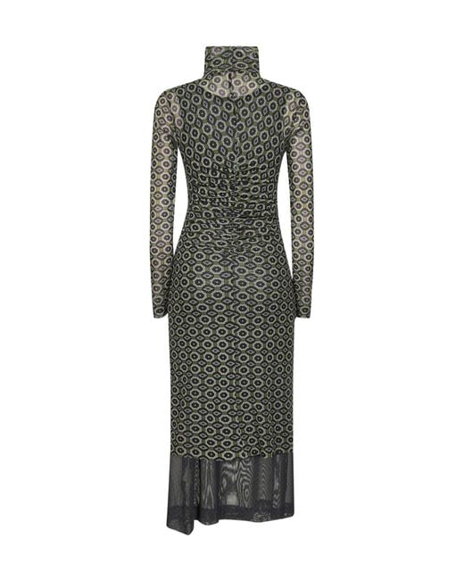 Dries Van Noten Gray High-Neck Long-Sleeved Gathered Dress
