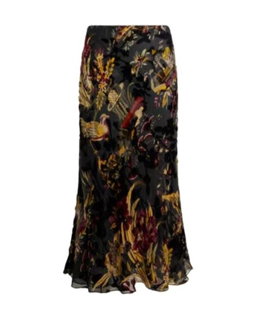 Etro Black Silk-Blend Burnout Velvet Midi Skirt With Flower And Animal Motif