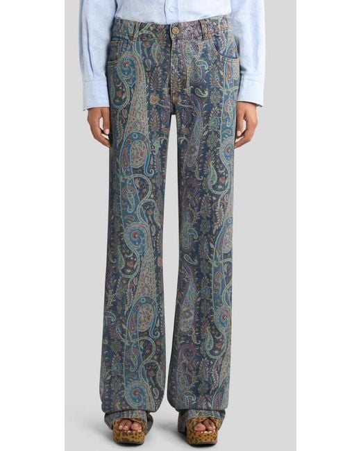 Etro Blue Flared Denim Jeans With Floral Paisley Motif
