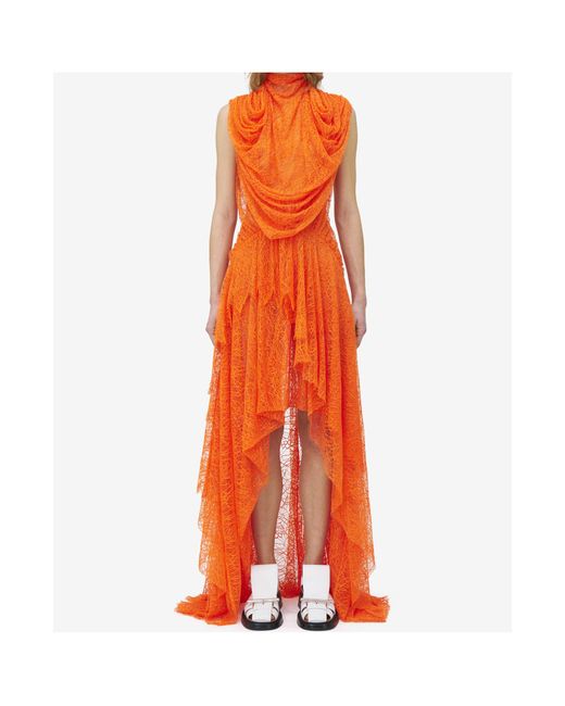 Alexander McQueen Orange Cobweb Lace Asymmetric Dress