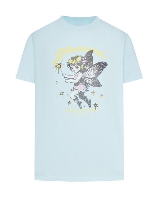 Ganni Blue Cotton T-Shirt With Fairy Graphic Print