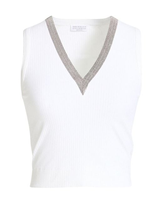 Brunello Cucinelli White Solid Color V-Neck Sleeveless Top