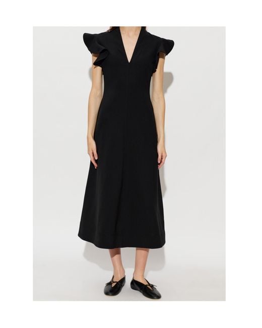 Moschino Black Ruffled V-Neck Midi Dress
