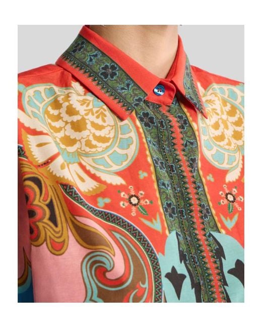 Etro Orange Placed Print Long Silk-Blend Shirt