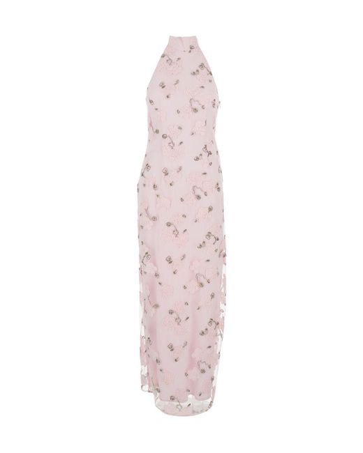 ROTATE BIRGER CHRISTENSEN Pink Long Dress With Open Back And Floral Beaded Details