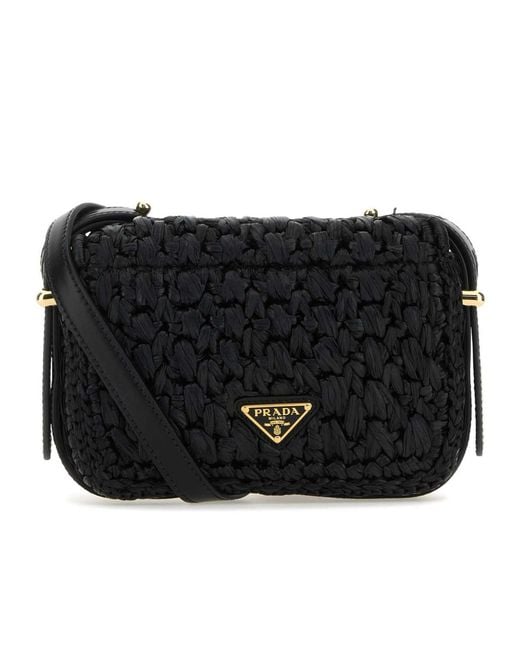 Prada Black Foldover Top Woven Shoulder Bag
