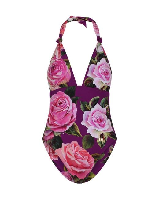 Dolce & Gabbana Pink Rose Printed One-Piece V-Neck Swimsuit
