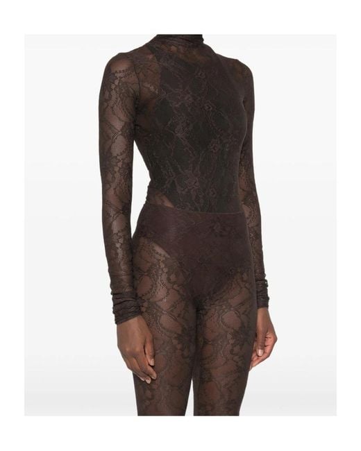 ANDAMANE Brown Ziggy Lace-Pattern High-Neck Bodysuit
