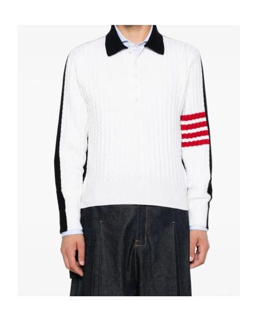 Thom Browne White 4-Bar Cable-Knit Polo Shirt for men