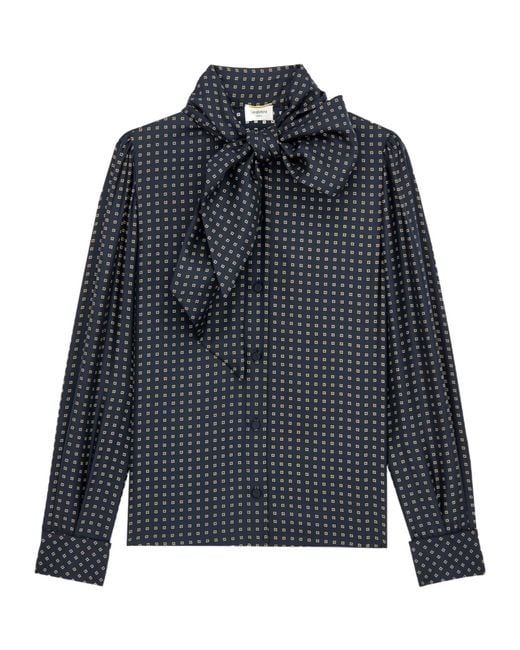 Saint Laurent Blue Checkered Mulberry Silk Crepe Satin Shirt With Floral Knot