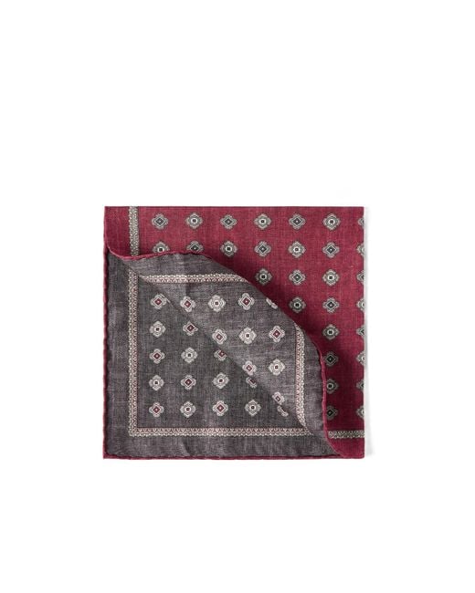 Brunello Cucinelli Red Silk Pocket Square With Medallion Design for men