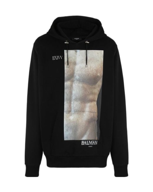 Balmain Black Graphic Printed Drawstring Hoodie for men