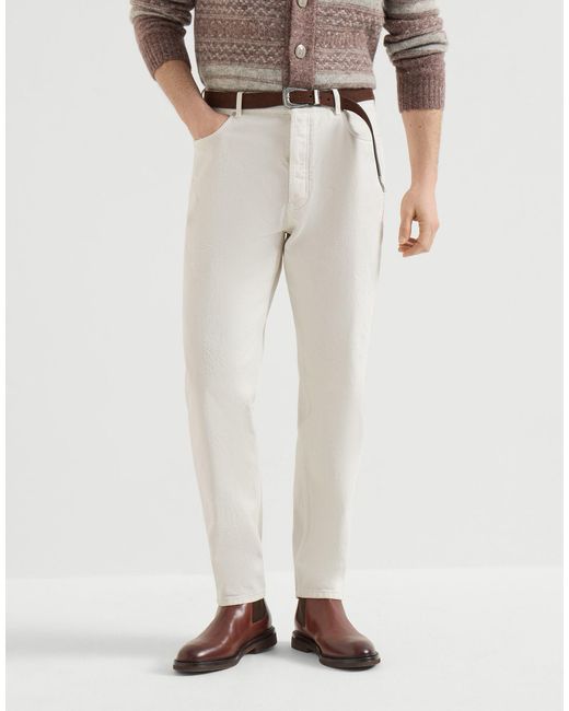Brunello Cucinelli White Garment-Dyed Denim Iconic Fit Five-Pocket Trousers With Rips for men