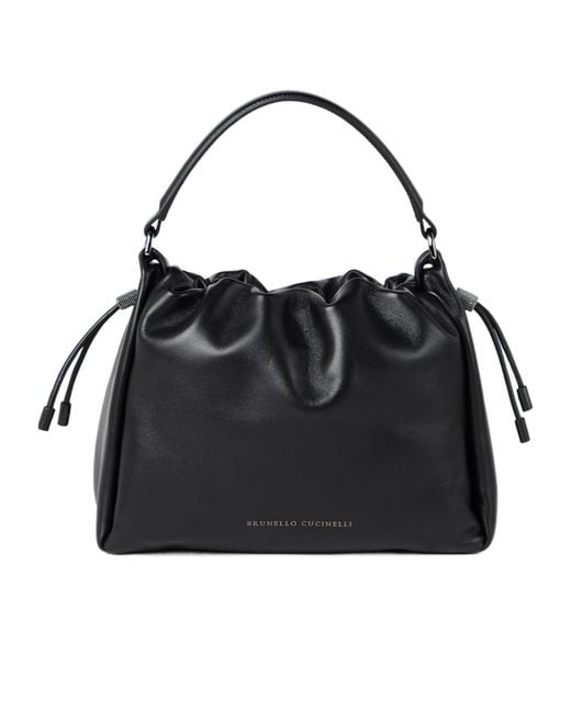 Brunello Cucinelli Black Embellished Drawstring Shoulder Bag